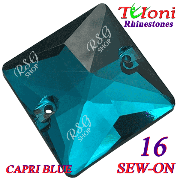 Rhinestones Tuloni 10 pcs Capri Blue 16x16 Square Sew-On Flat Back